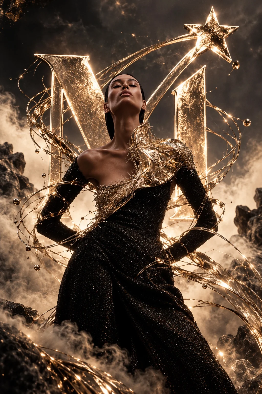 MedaStaré black and liquid gold couture campaign visual